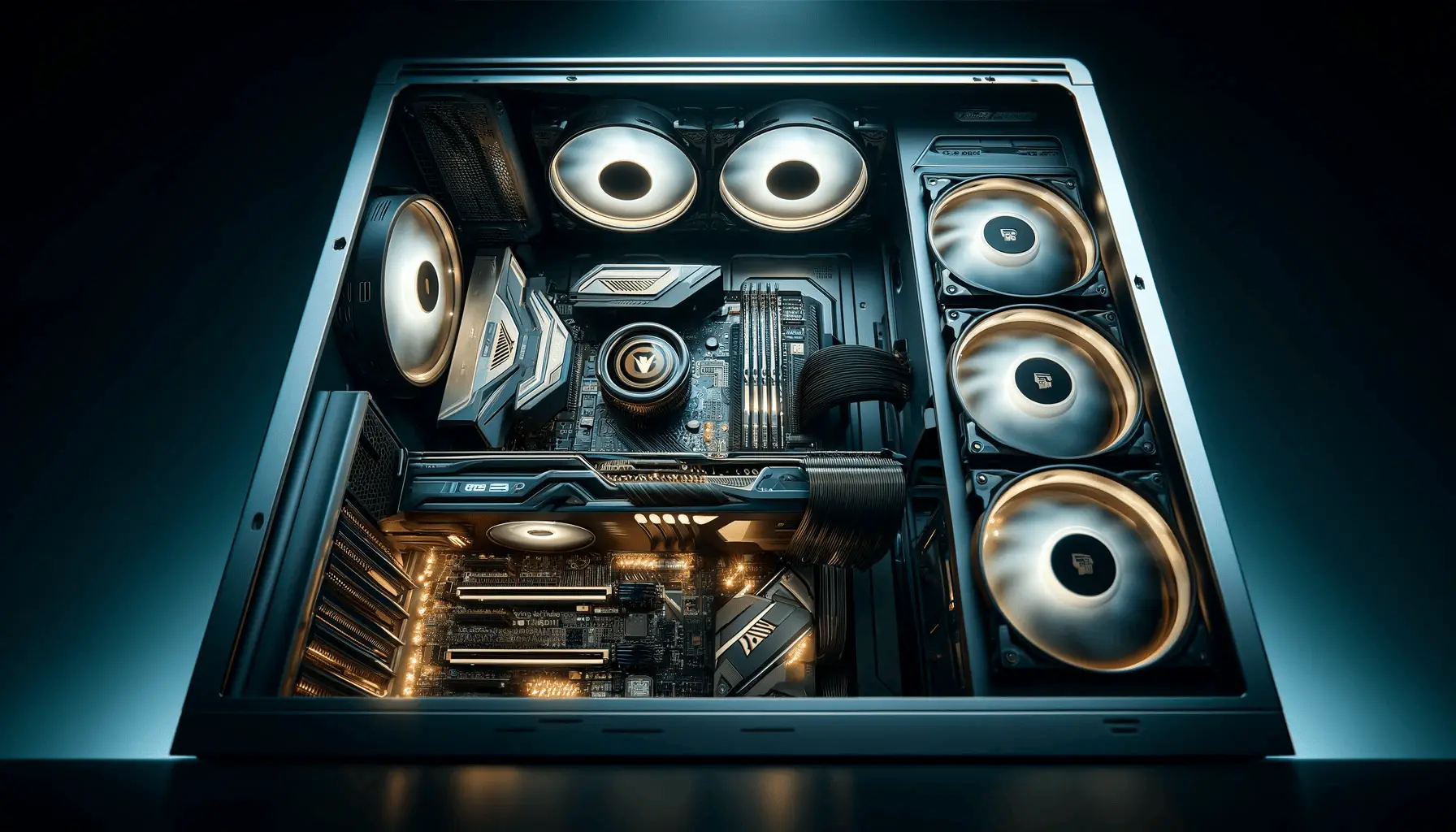 the interior of a high-end gaming PC, focusing on the advanced components and their setup for optimal performance.
